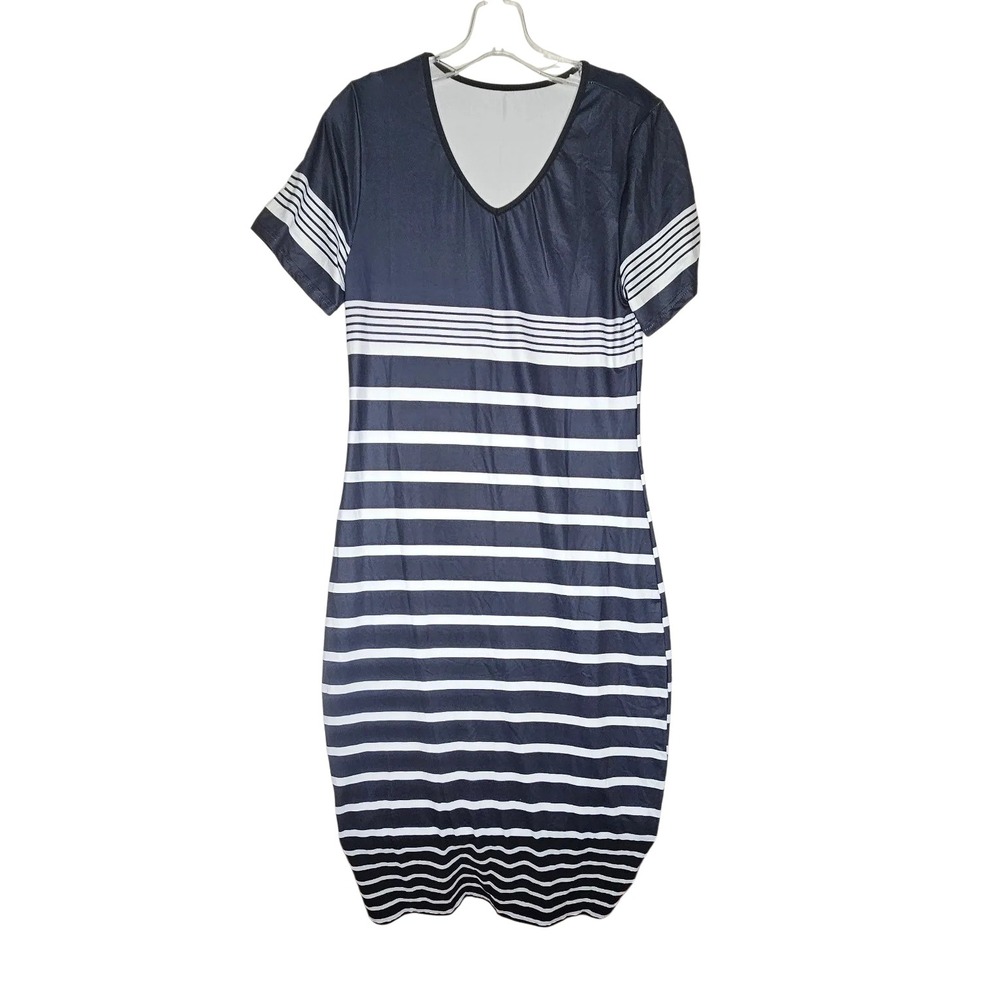 Striped Maxi Dress Medium Navy Blue White Short Sleeve V-Neck Nautical